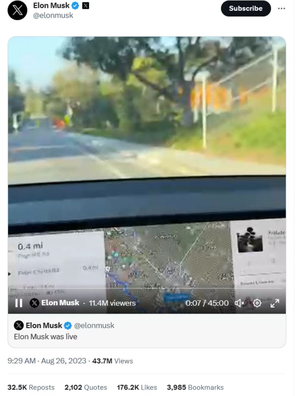 马斯克路测视频截图（来源：马斯克X）